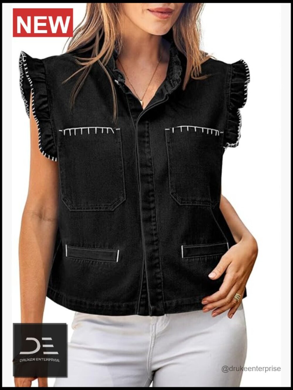 Womens Cropped Denim Vest Ruffle Sleeve Sleeveless Jean Jacket